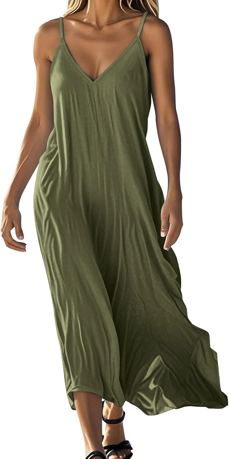 Women's Cami Dress Cotton Linen Sleeveless Maxi Dress 2025 Summer Loose Casual Dresses Plain V-Neck Spaghetti Strap Sundress