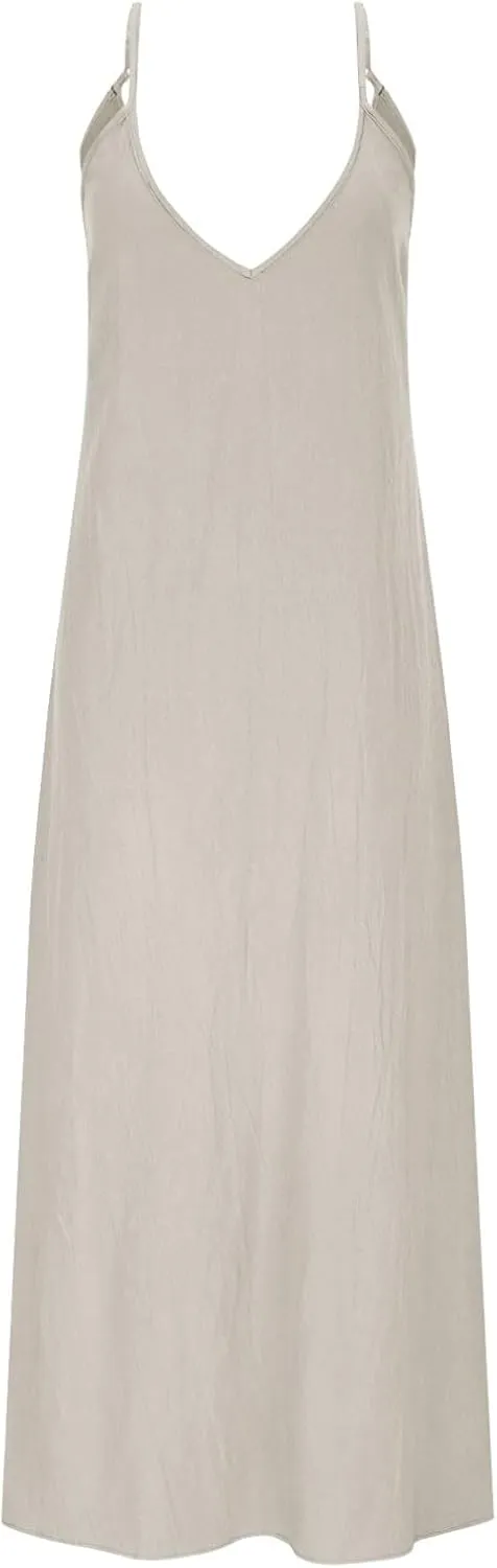 Women's Cami Dress Cotton Linen Sleeveless Maxi Dress 2025 Summer Loose Casual Dresses Plain V-Neck Spaghetti Strap Sundress