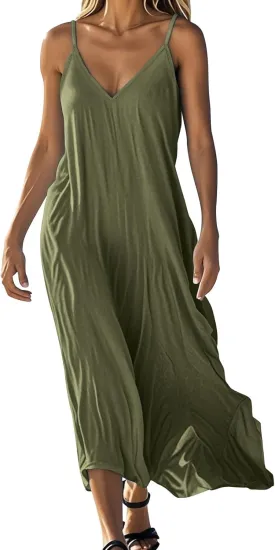 Women's Cami Dress Cotton Linen Sleeveless Maxi Dress 2025 Summer Loose Casual Dresses Plain V-Neck Spaghetti Strap Sundress