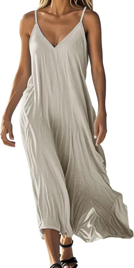 Women's Cami Dress Cotton Linen Sleeveless Maxi Dress 2025 Summer Loose Casual Dresses Plain V-Neck Spaghetti Strap Sundress