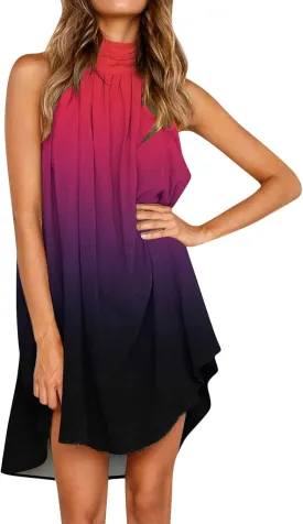 Women's Casual Tie Back Halter Neck Flared Hem Flowy Pleated Beach Sundress Sleeveless Summer A Dresses for Juniors