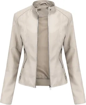 Womens Faux Leather Buttoned Jackets Long Sleeve Moto Coat Slim Fit Outwear with Zipper Pockets