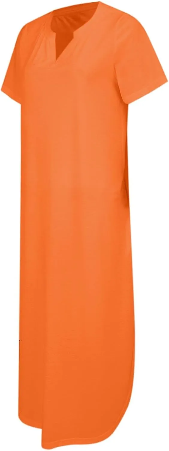 Women's Summer Casual Maxi Dress Short Sleeves V Neck Loose Split Long Beach Shirt Dresses Vacation with Pockets