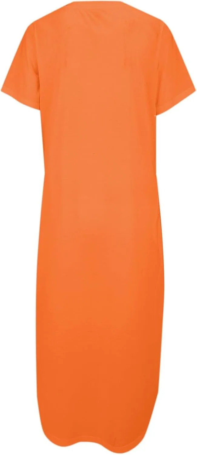 Women's Summer Casual Maxi Dress Short Sleeves V Neck Loose Split Long Beach Shirt Dresses Vacation with Pockets