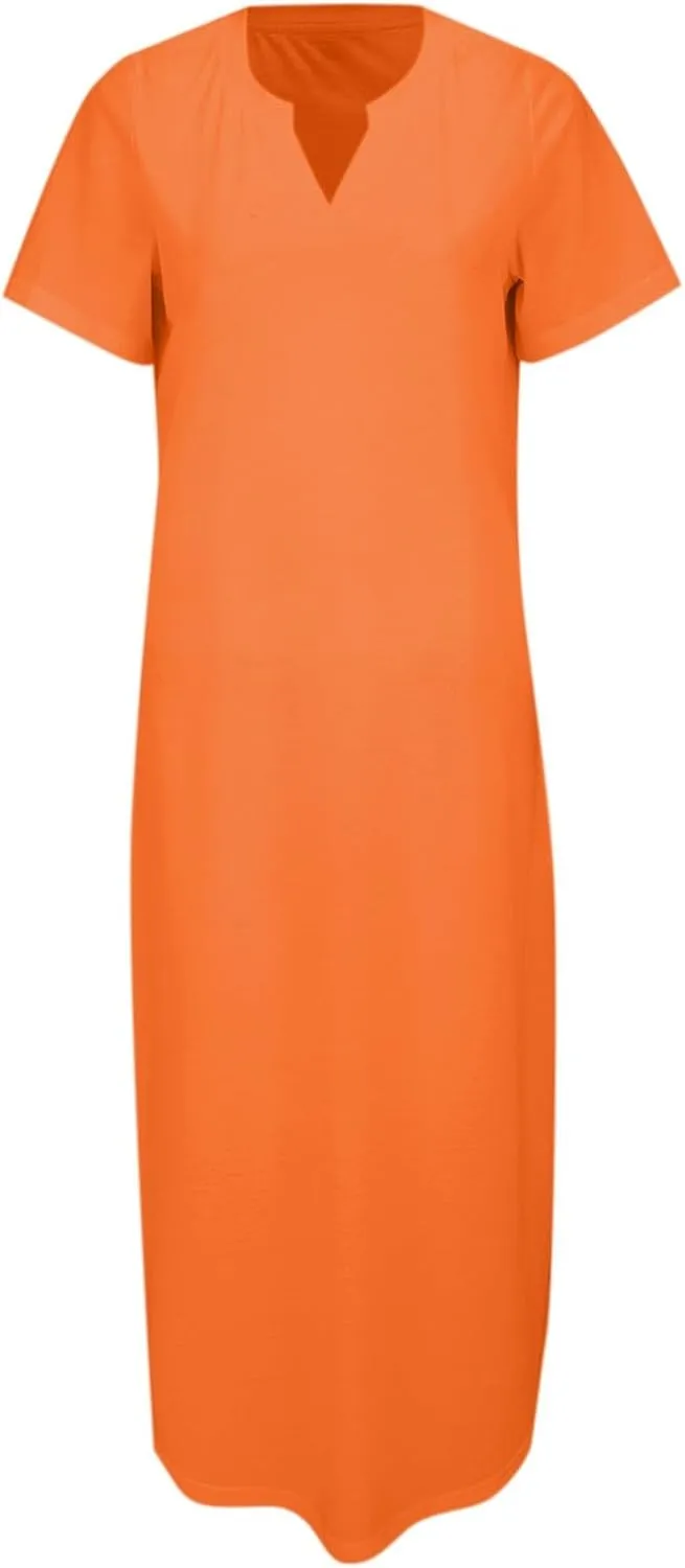 Women's Summer Casual Maxi Dress Short Sleeves V Neck Loose Split Long Beach Shirt Dresses Vacation with Pockets