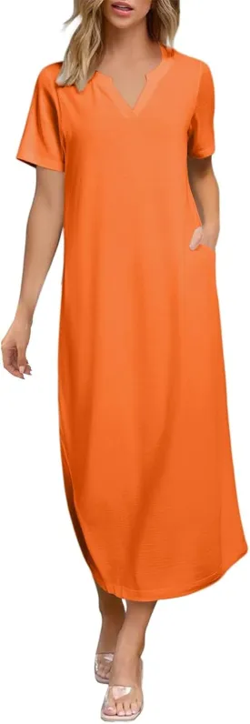 Women's Summer Casual Maxi Dress Short Sleeves V Neck Loose Split Long Beach Shirt Dresses Vacation with Pockets