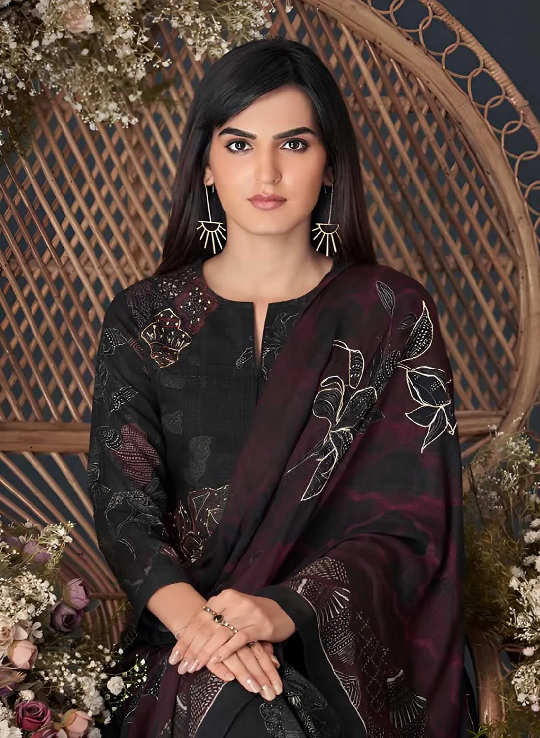Women's Unstitched Black Printed Pashmina Winter Suit Dress Material