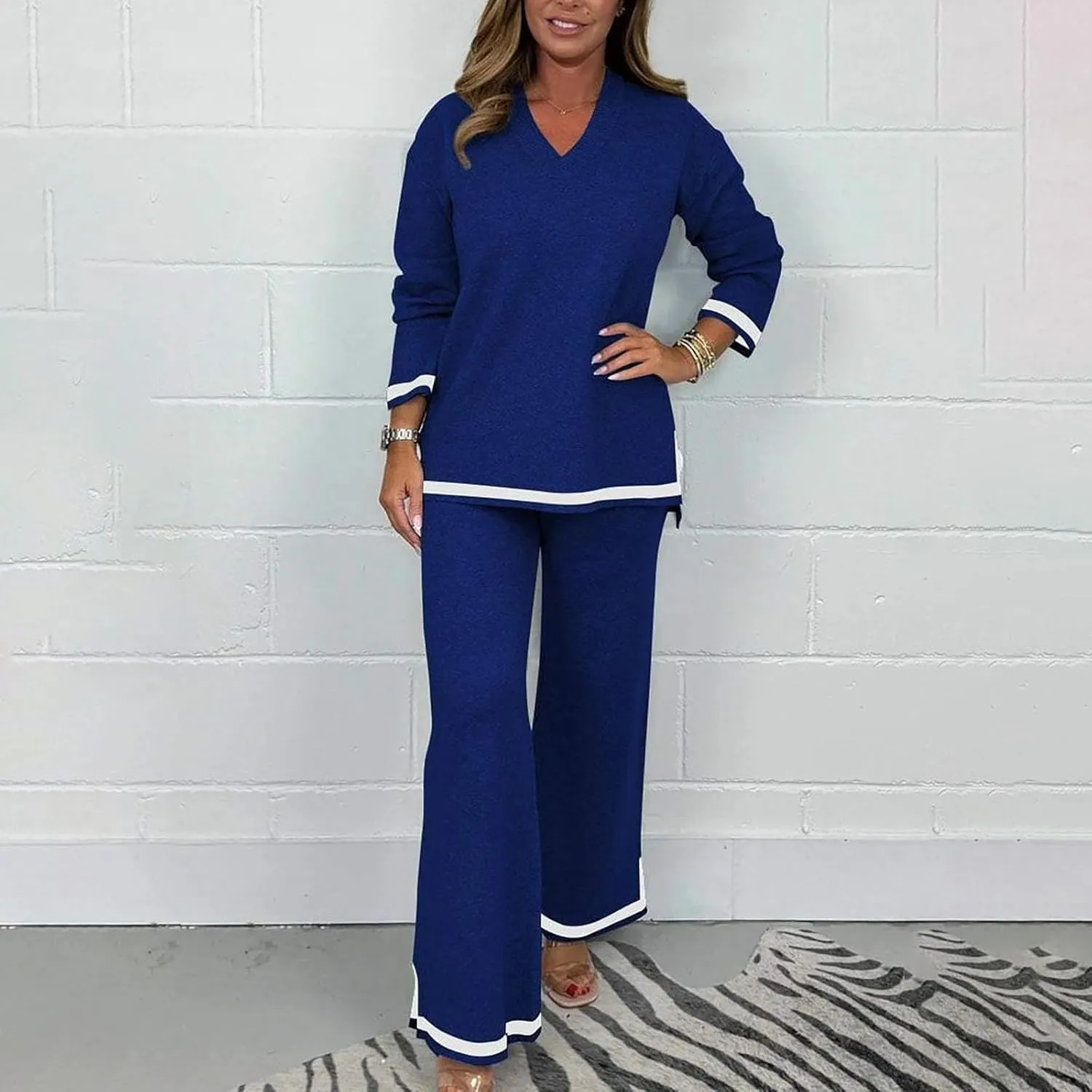 Women's V-Neck Soft Knit Border Edge Trouser Co-Ord,Long Sleeve Sweatsuits,Women's Sweater Knit Lounge Sets