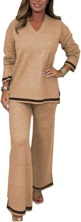 Women's V-Neck Soft Knit Border Edge Trouser Co-Ord,Long Sleeve Sweatsuits,Women's Sweater Knit Lounge Sets