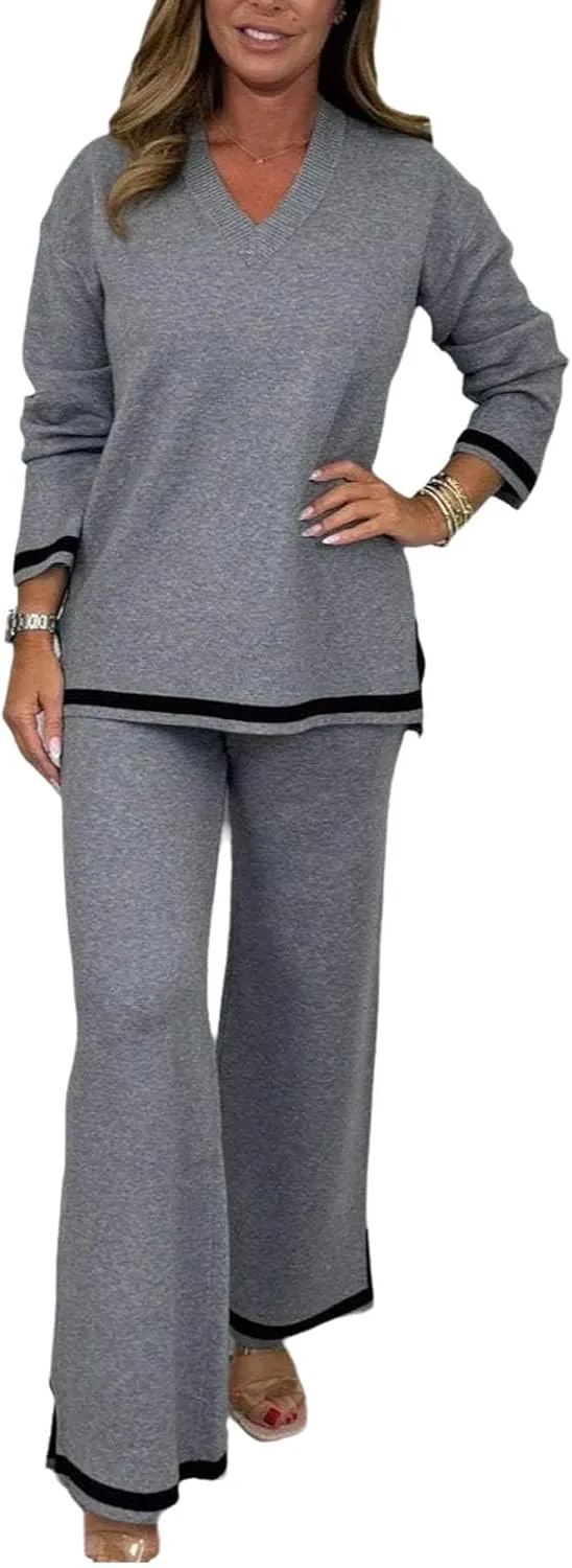 Women's V-Neck Soft Knit Border Edge Trouser Co-Ord,Long Sleeve Sweatsuits,Women's Sweater Knit Lounge Sets