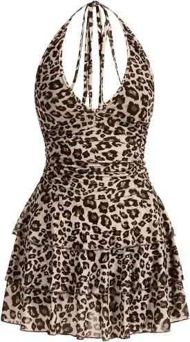 Women's Y2K Leopard Print Halter Dress Sexy Ruched Tie Backless Tiered Layer Mini Dresses Cheetah Mesh Ruffle Dress