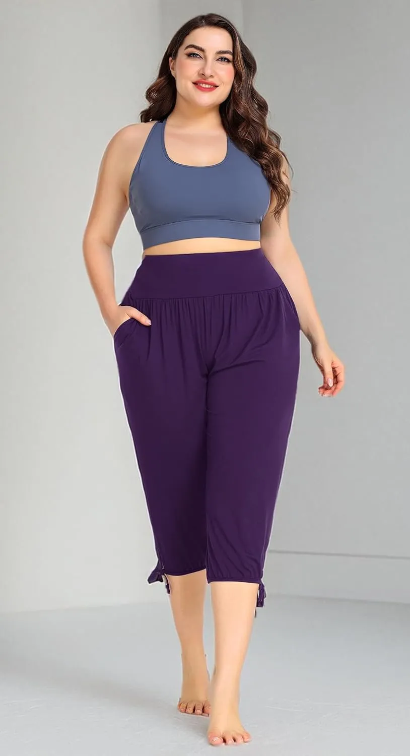 ZERDOCEAN Women's Plus Size Yoga Capri Pants Lounge Indoor Casual Comfy Relaxed Joggers with Pockets